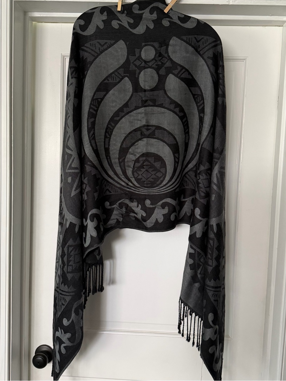 Black & Charcoal Patterned Fringe Shawl
